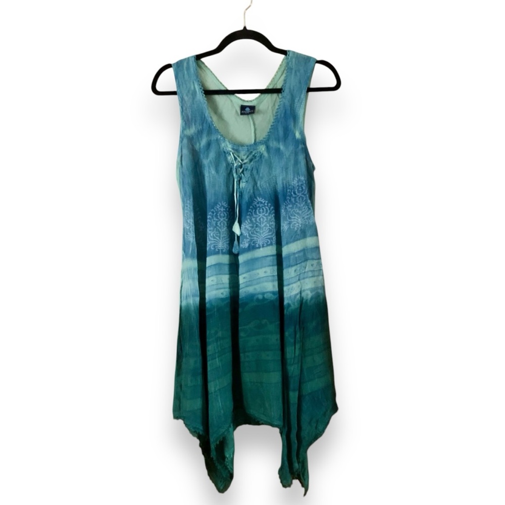 Advantage Boho Green Dyed Sharkbite Hem Midi Dress Bohemian Fairy Size S/M